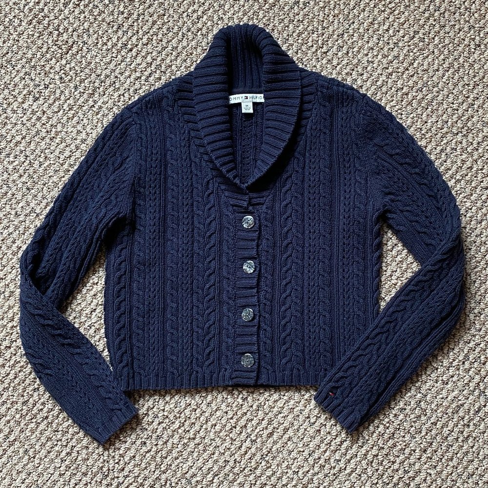 Tommy Hilfiger Cable Knit Crop Cardigan, Navy, M